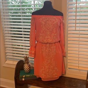 WHBM OFF THE SHOULDER EMBROIDERED BOHO DRESS